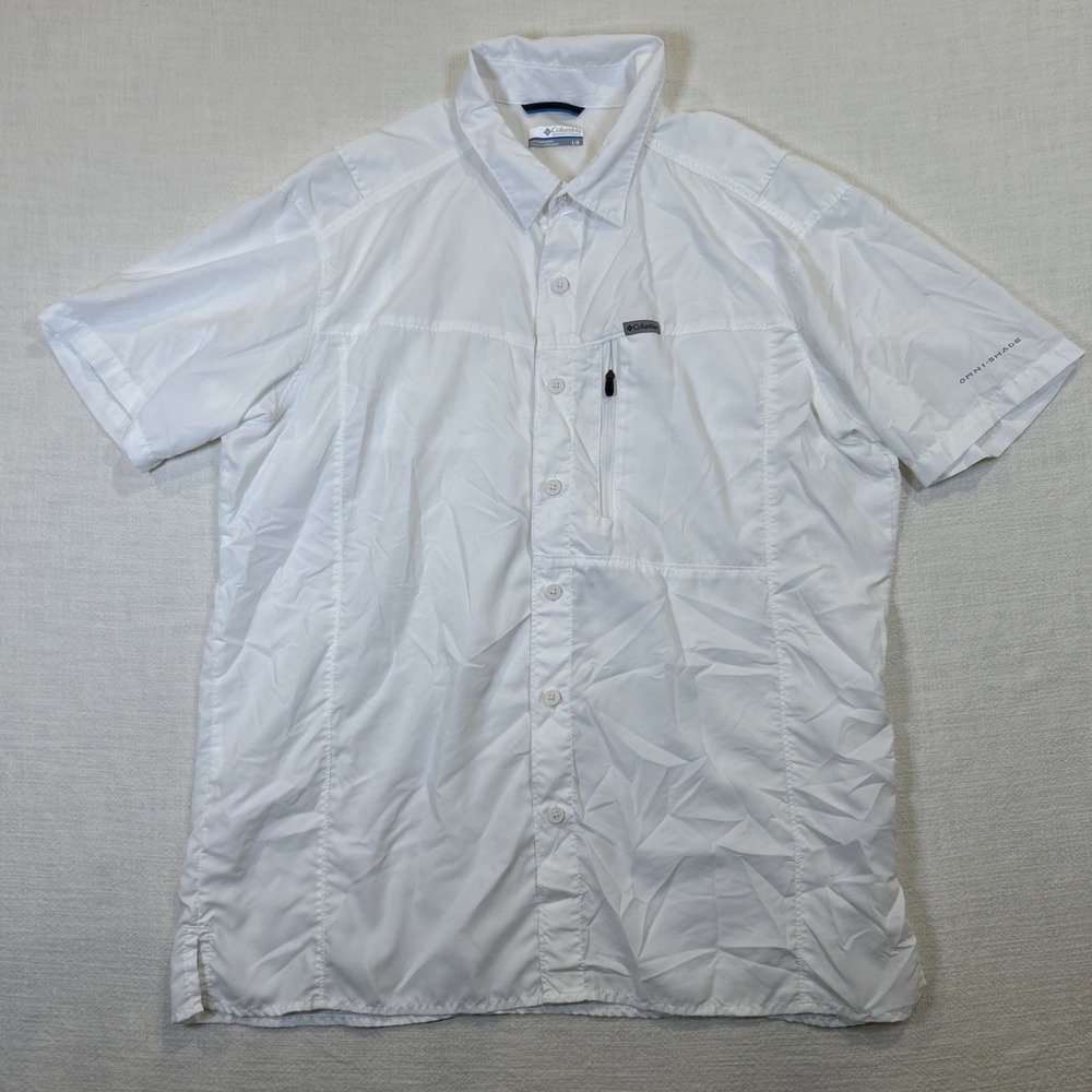 Columbia Shirt Mens White Omni-Shade Button Short Sleeve L Vented Zipper Pockets